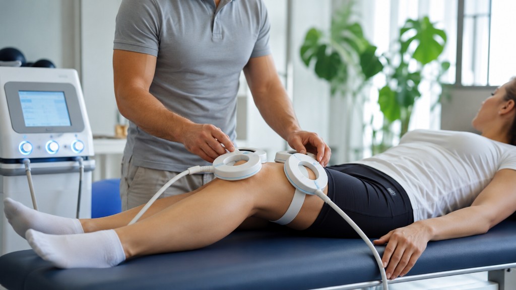 Fisioterapeuta colocando solenoides de magnetoterapia en la pierna de una paciente